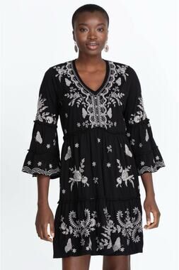 JOHNNY WAS ARZELLA KNIT EASY TIERED DRESS Size XS Embroidered Black White Cotton